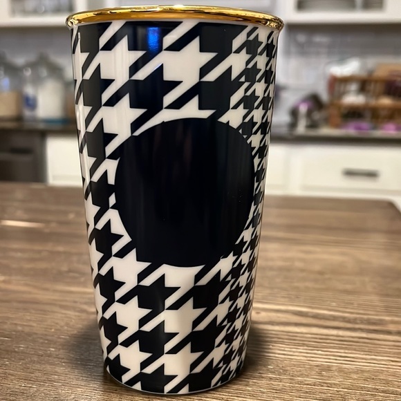 Starbucks Other - Starbucks Ceramic Travel Mug w/ Lid - Navy Houndstooth w/ Gold Details and Trim